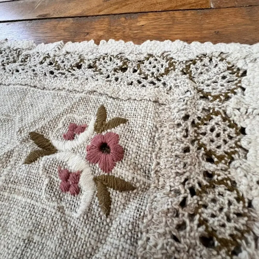 Vtg Austrian Übelhör Linen Blend Table Runner Lace Trim Floral Embroidery